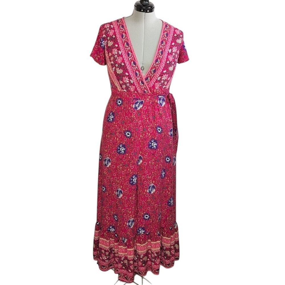 Zesica maxi floral print wrap dress, short butterfly sleeves & ruffle hem, Small